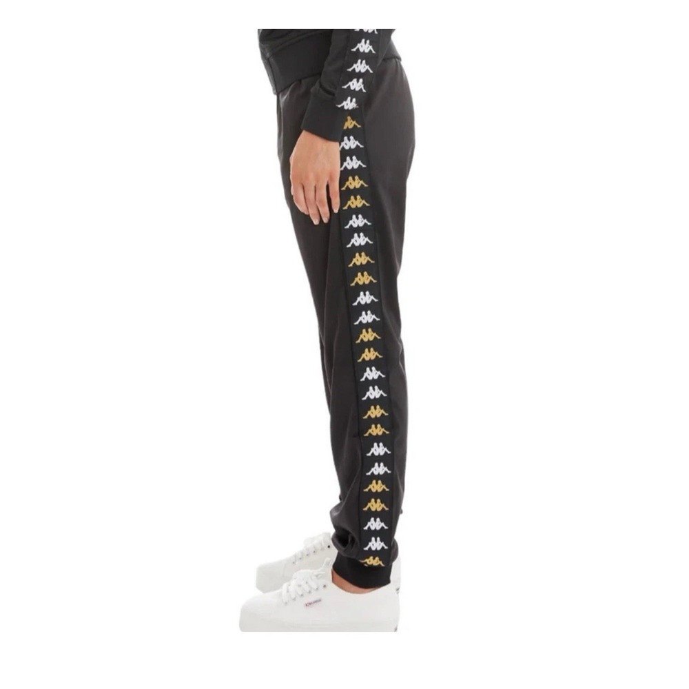 Kappa Womens Large Track Pants Black Ankle Zip Gold White Logo Tape